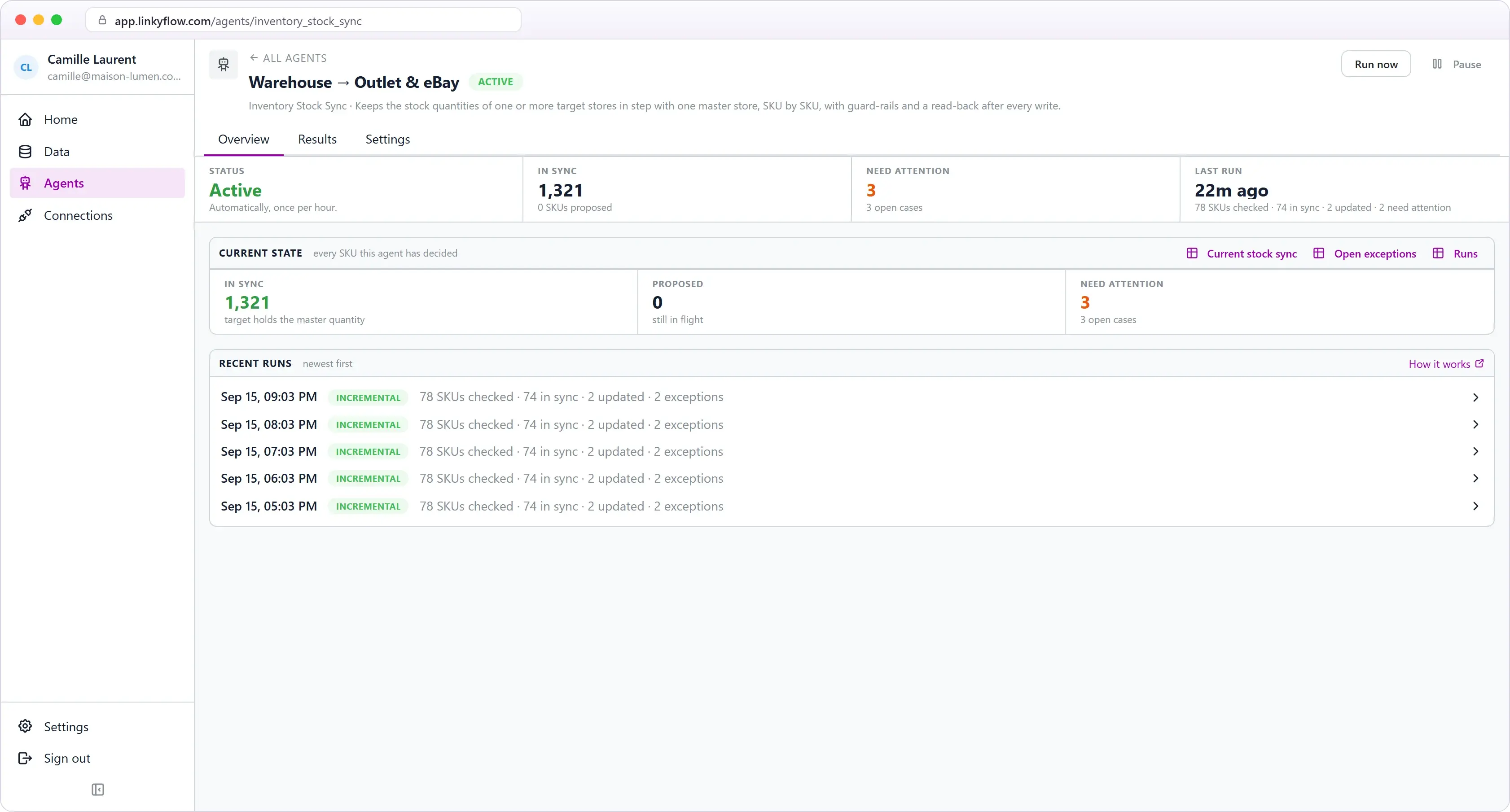 Vue d'ensemble de l'agent Inventory Stock Sync dans LinkyFlow