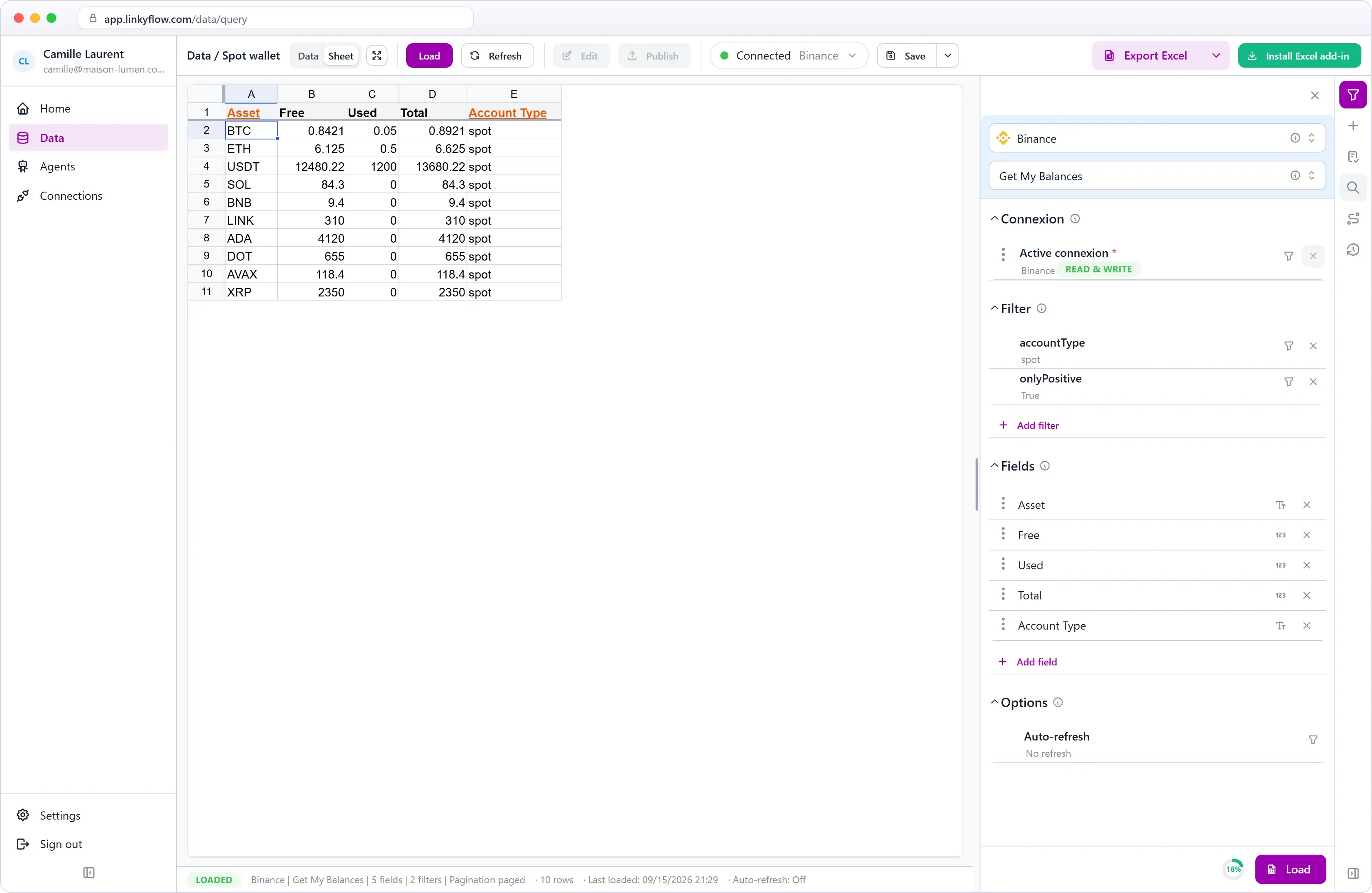 Binance spot balances in the LinkyFlow spreadsheet view