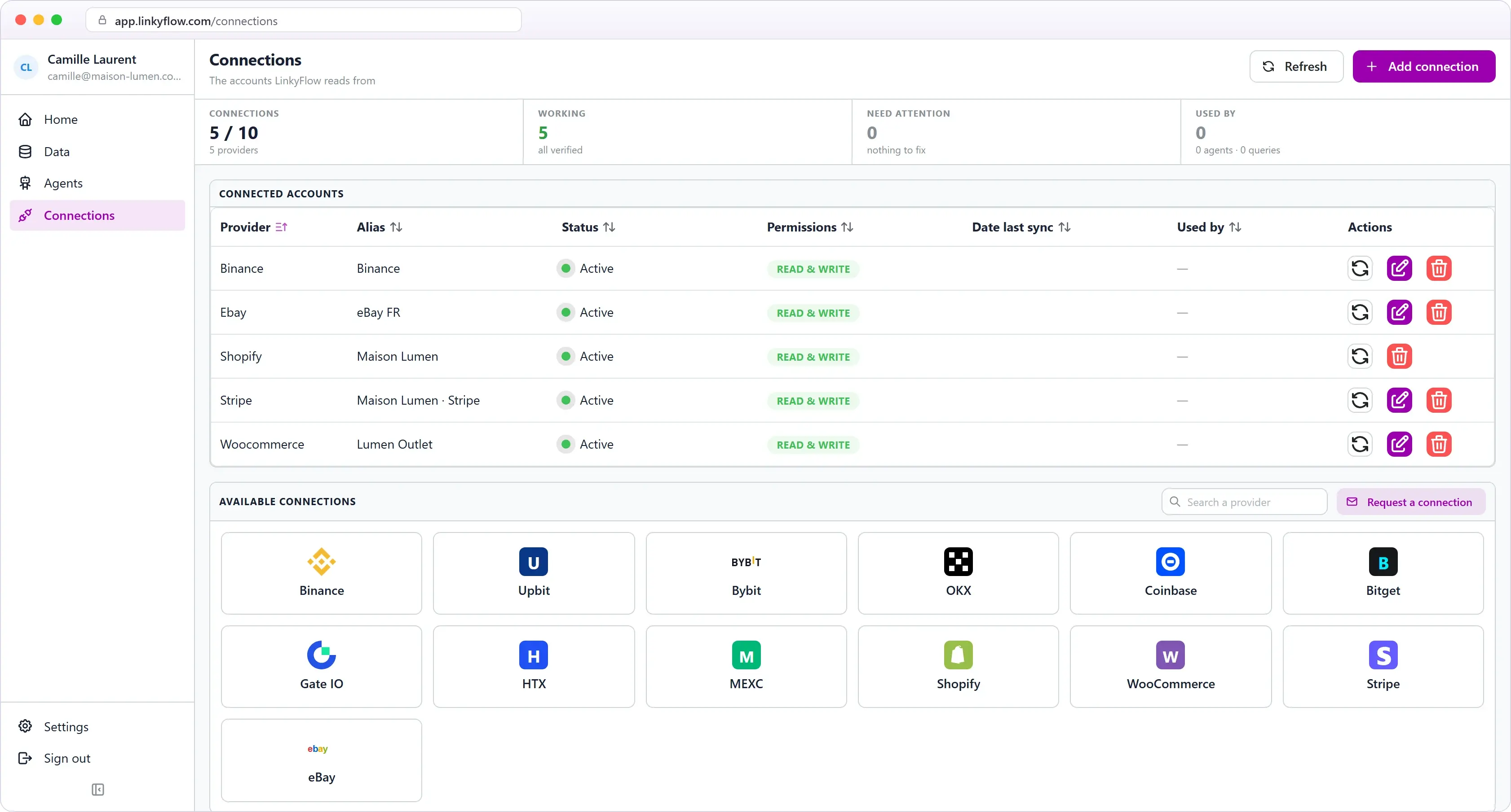 Exchange and store connections in the LinkyFlow web app
