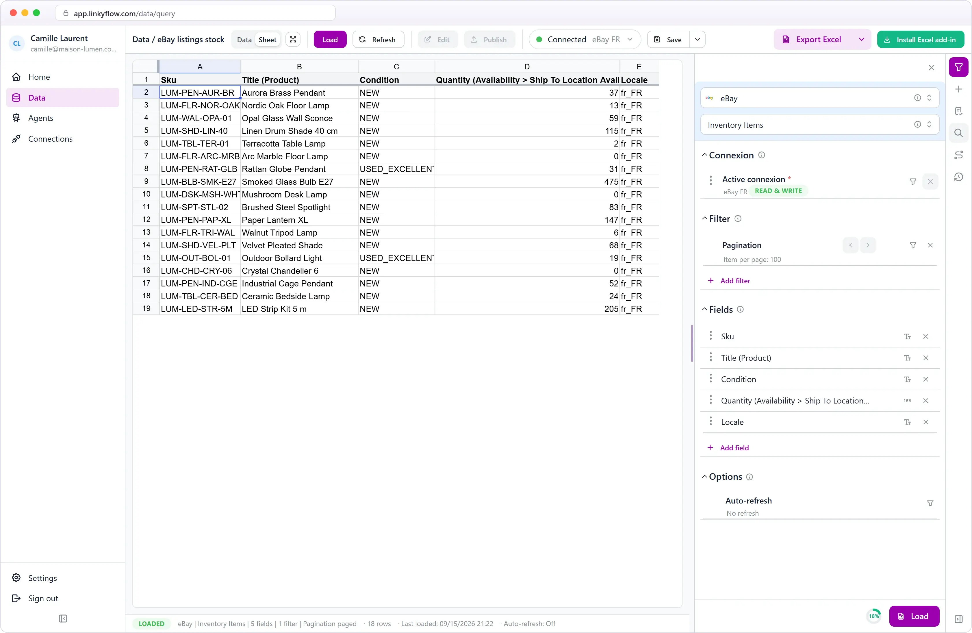 eBay inventory items in the LinkyFlow spreadsheet view