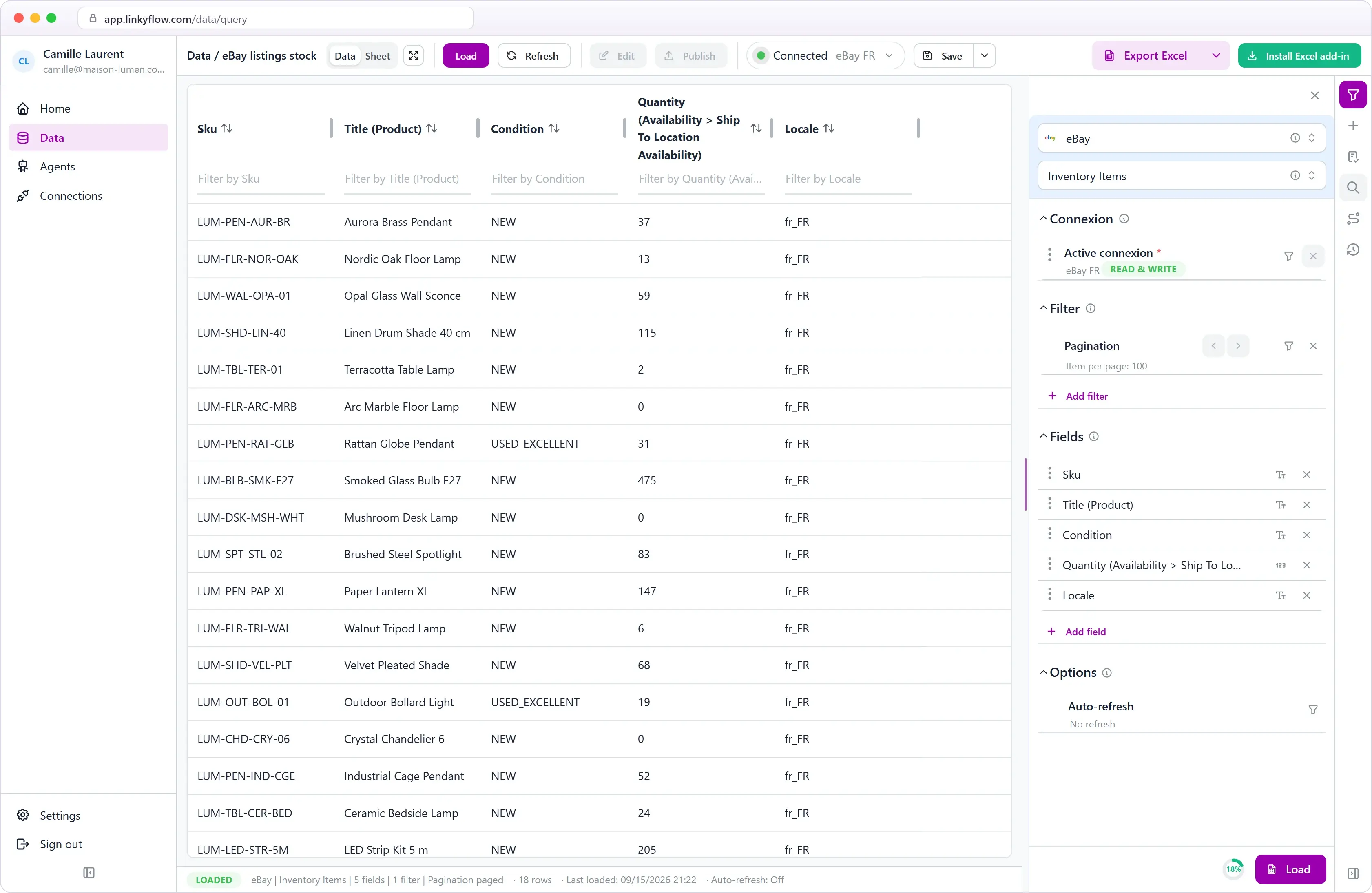 eBay inventory items loaded in the LinkyFlow web app