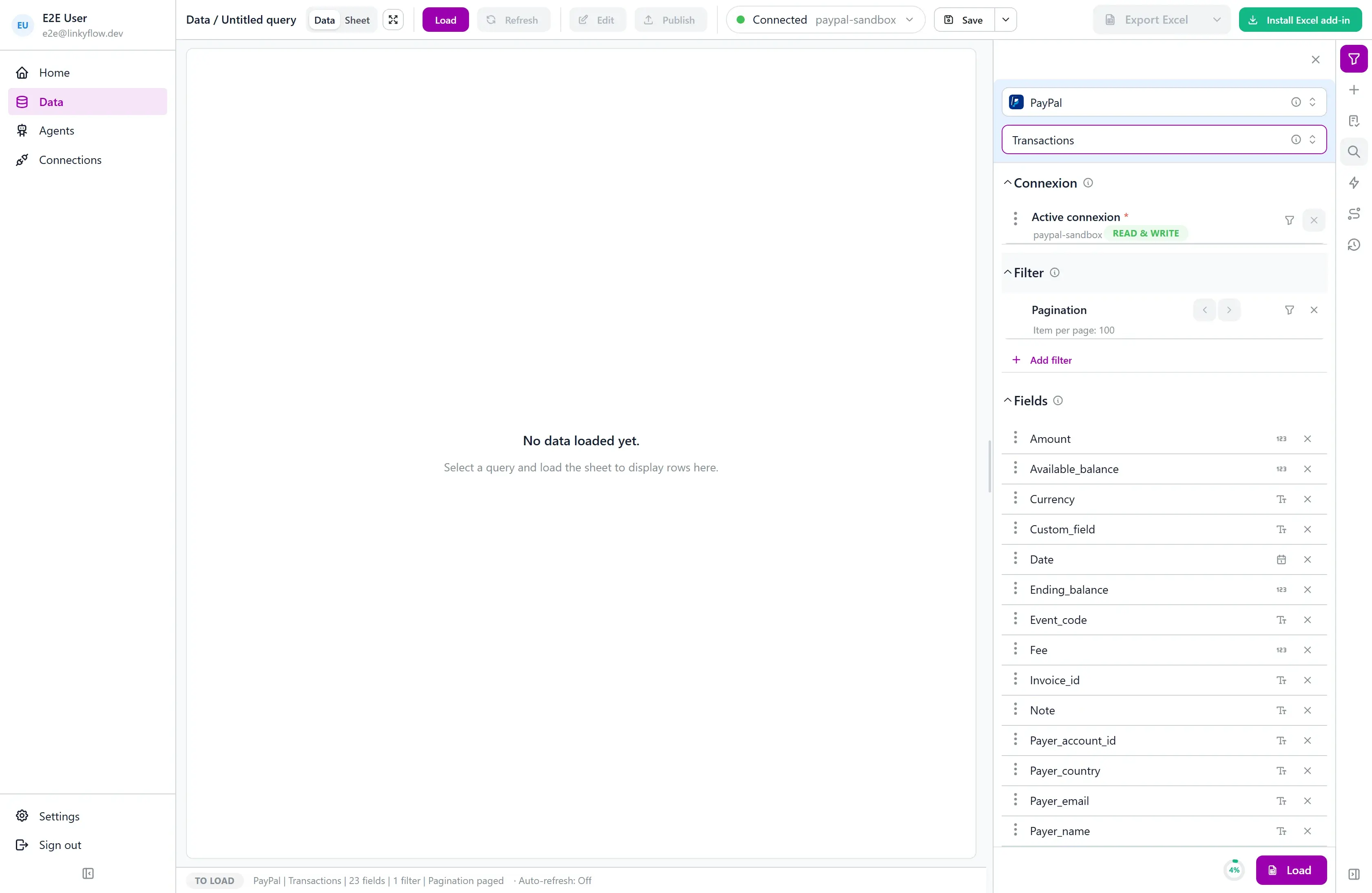 The PayPal transactions query in LinkyFlow, with its date window, filters and field selection