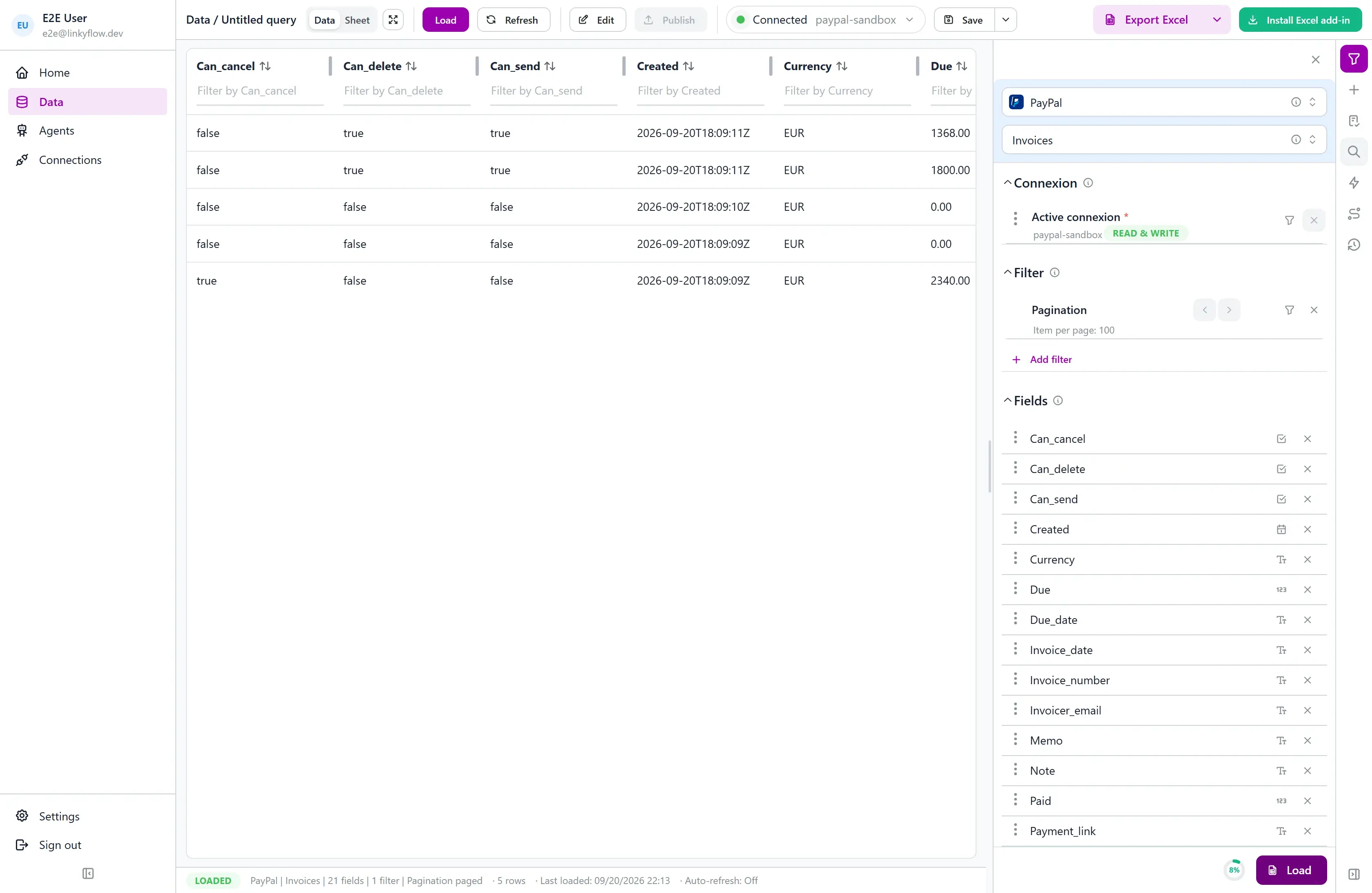 PayPal invoices loaded in the LinkyFlow web app