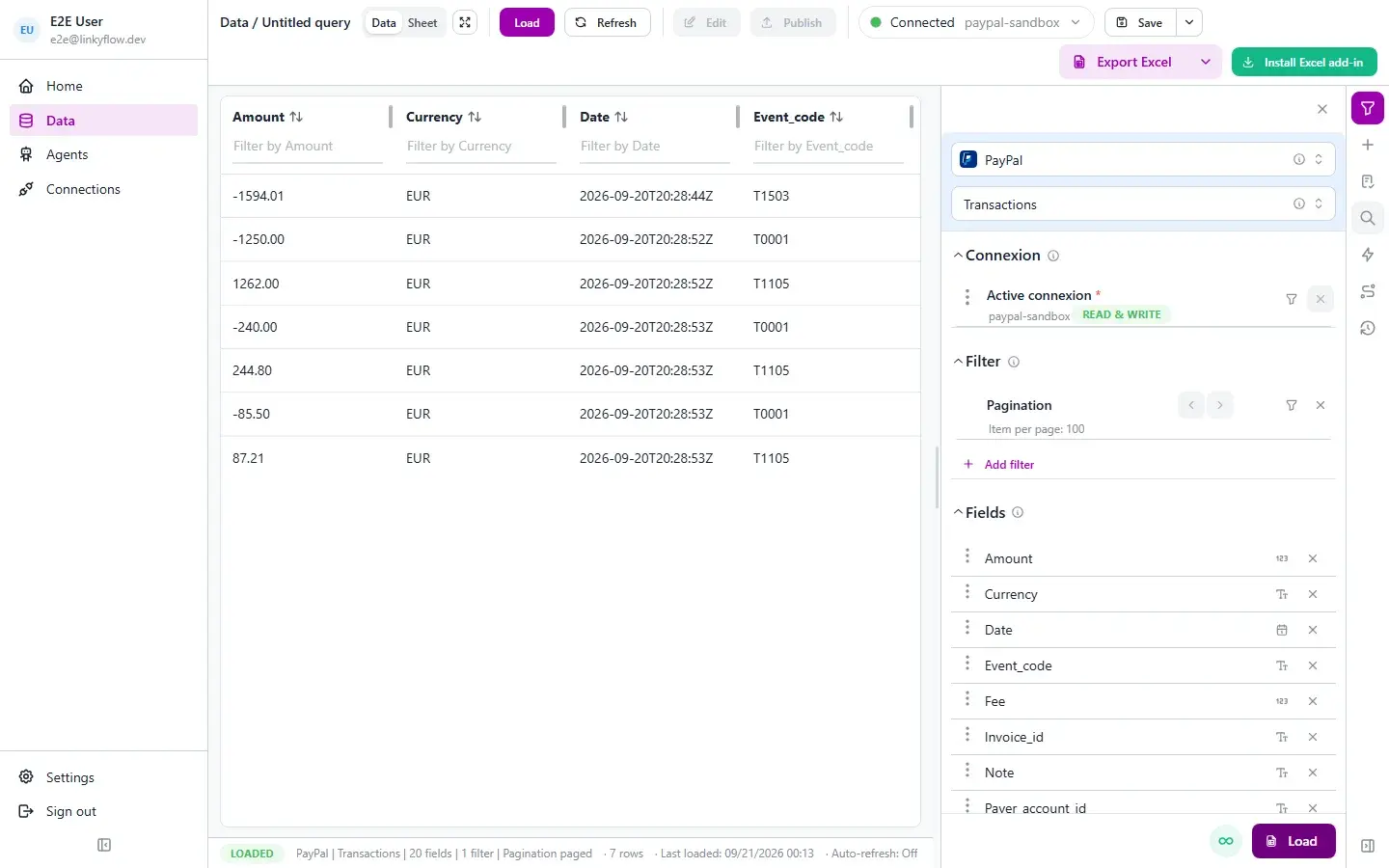 A payments table loaded in the LinkyFlow spreadsheet view