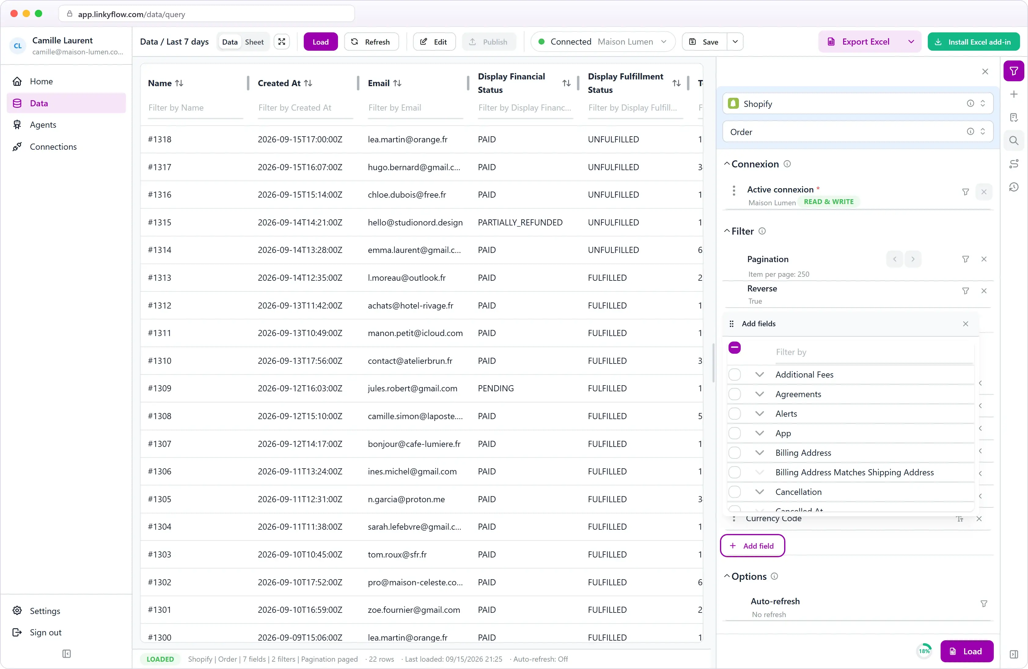 Champs imbriqués des commandes Shopify dans le sélecteur de champs LinkyFlow