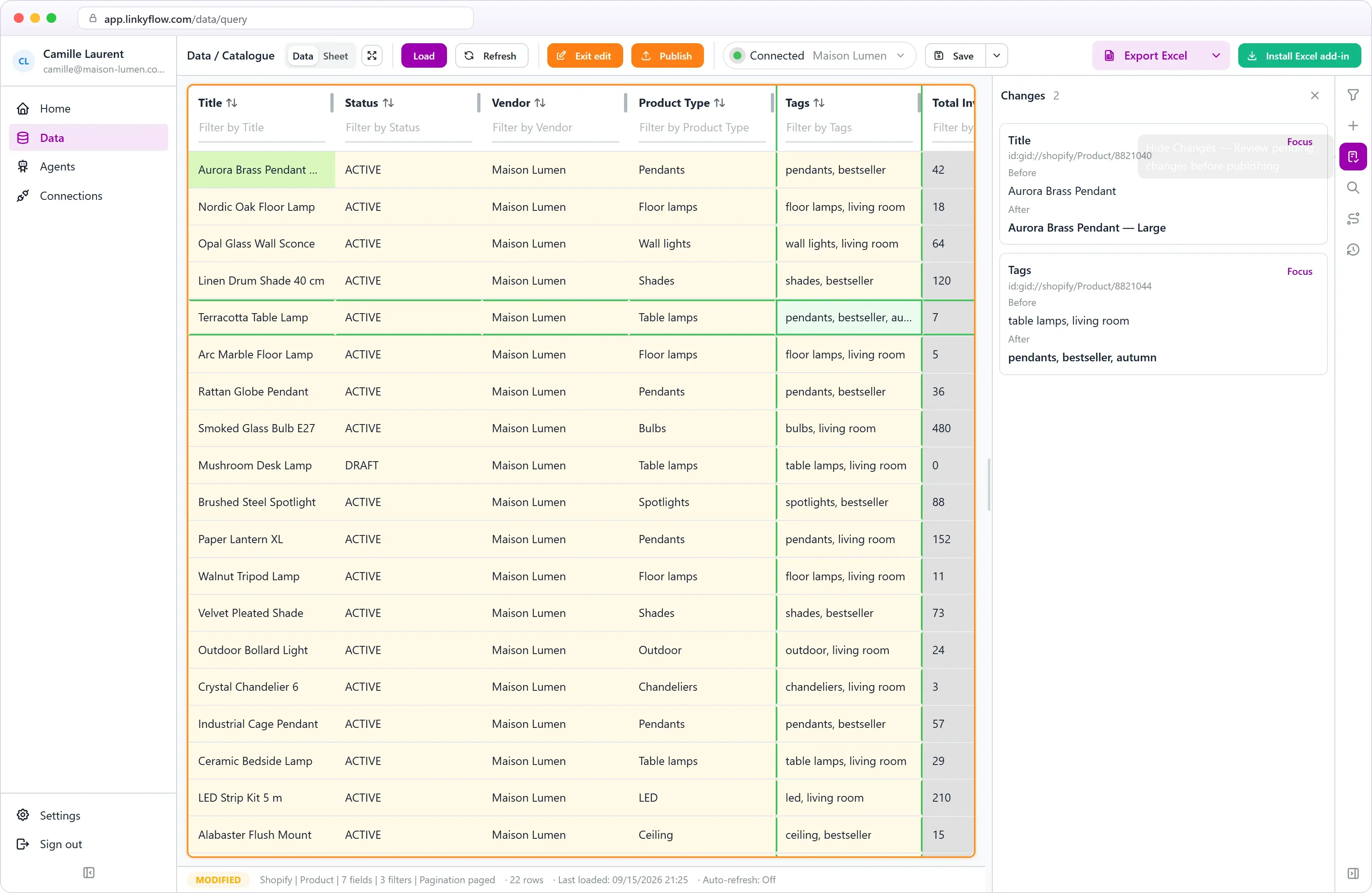 Changements produits Shopify en attente relus dans LinkyFlow