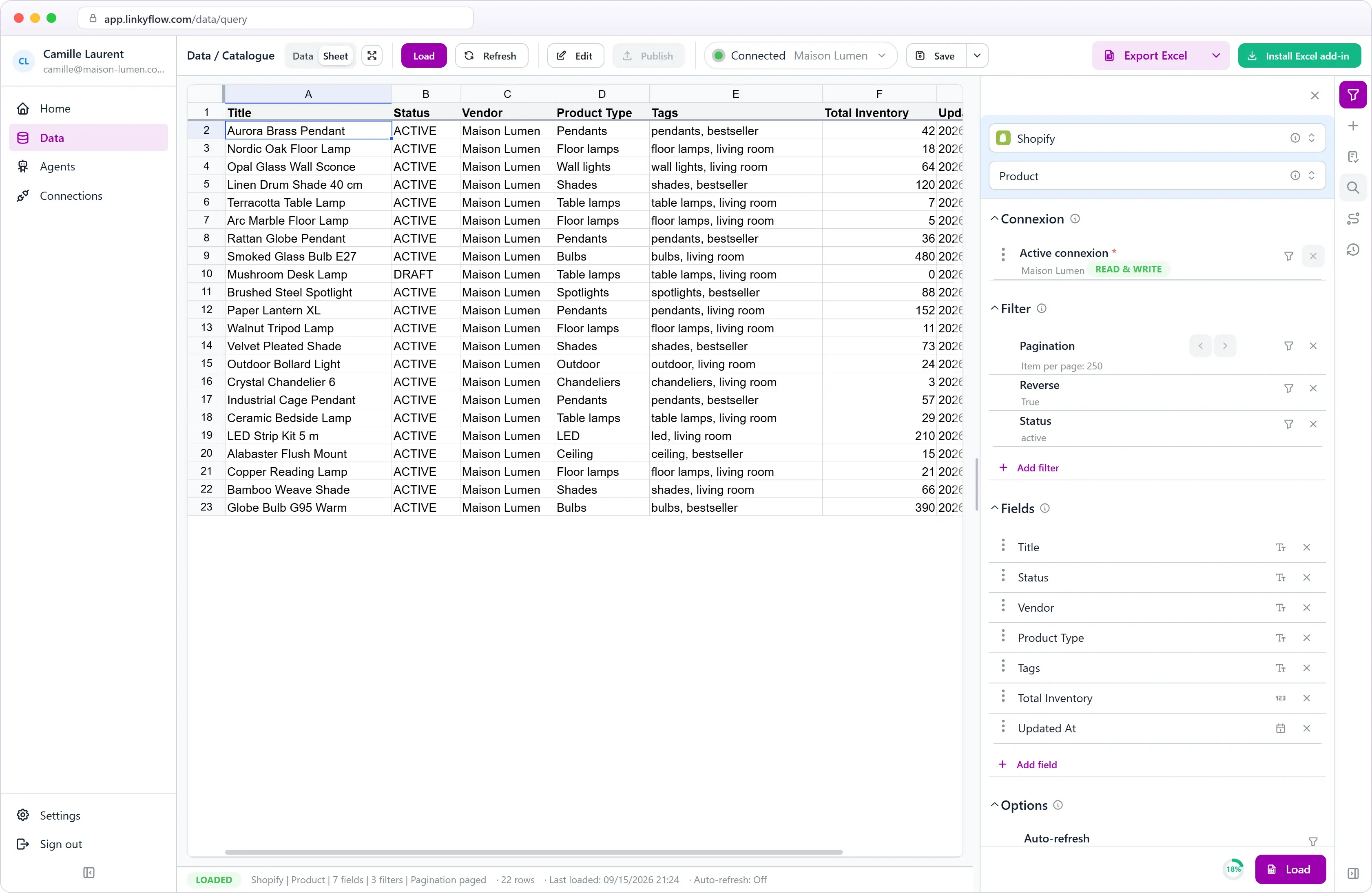 Shopify products in the spreadsheet view of the LinkyFlow web app, next to the query builder