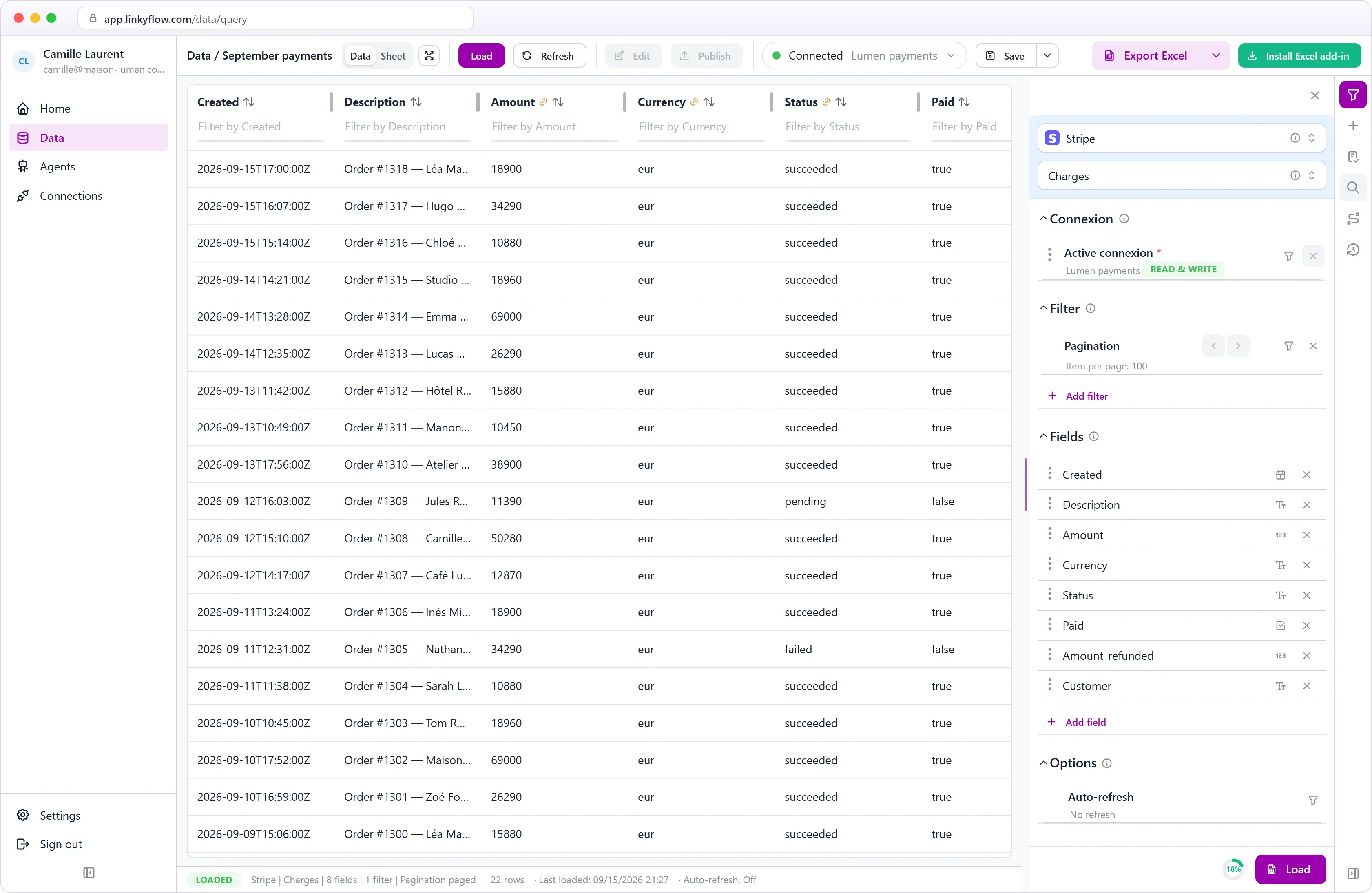Stripe payments loaded in the LinkyFlow web app