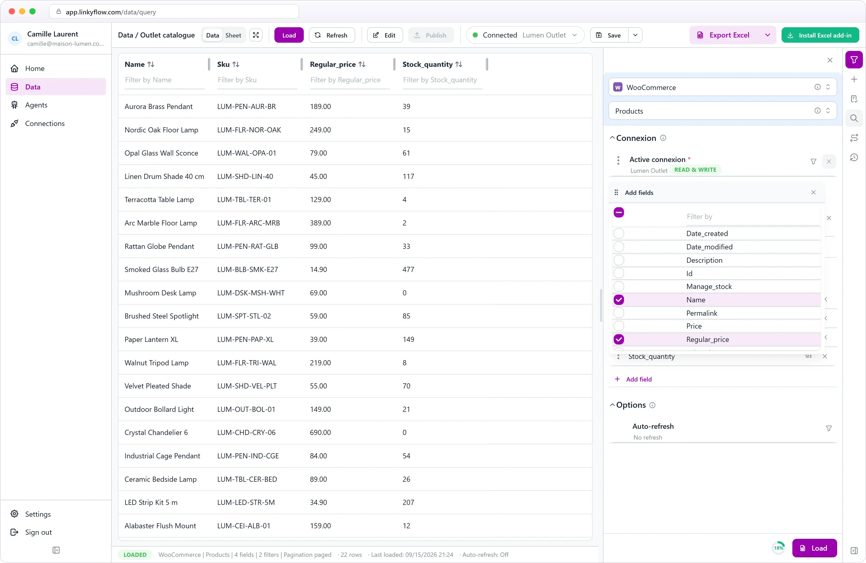 WooCommerce products query with field selection in LinkyFlow