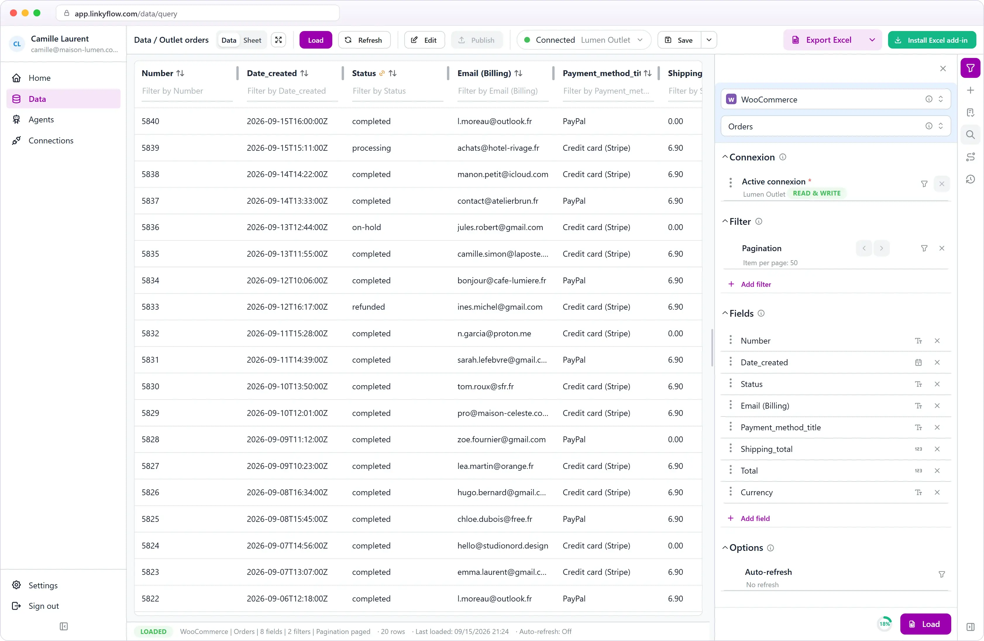 WooCommerce orders loaded in LinkyFlow
