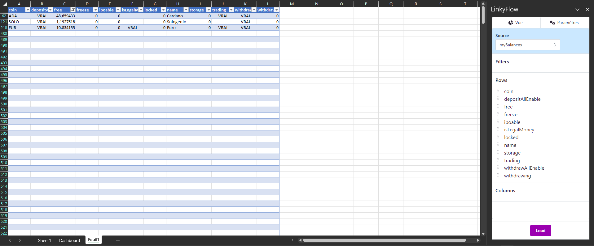 Liste des wallets insérées excel